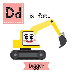 Fototapeta na wymiar Letter D cute children colorful transportations alphabet tracing flashcard of Digger for kids learning English vocabulary Vector Illustration.