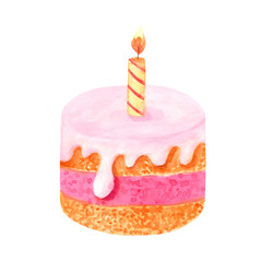 Cake with candle illustration Watercolor food Sweet treat 