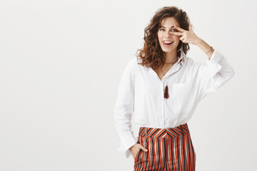 Relax and chill with us. Portrait of happy optimistic good-looking girlfriend in trendy outfit,...
