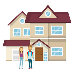 couple lovers outside the house vector illustration design
