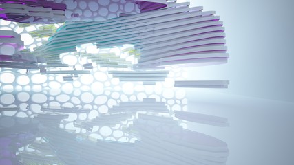 Abstract white and colored gradient glasses interior multilevel public space with window. 3D illustration and rendering.