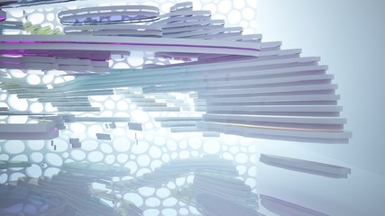 Abstract white and colored gradient glasses interior multilevel public space with window. 3D illustration and rendering.