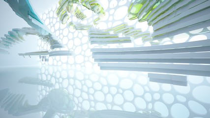 Obraz premium Abstract white and colored gradient glasses interior multilevel public space with window. 3D illustration and rendering.