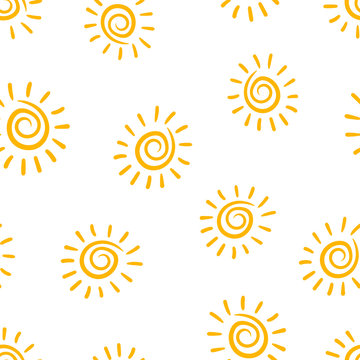 Hand Drawn Sun Icon Seamless Pattern Background. Business Concept Vector Illustration. Handdrawn Sunshine Symbol Pattern.