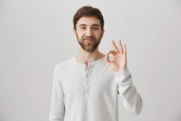 Waist-up portrait of pleased cheerful young man smiling and showing okay or fine gesture in...