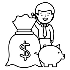 businessman with piggy savings and money sack vector illustration design