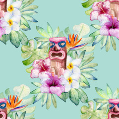 Tropical watercolor illustration with leaves, mask and flowers. © Tapilipa