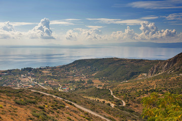 Naklejka premium view of Kefalonia island with mountain and ionian sea. Greece.