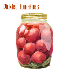 pickled tomatoes in bottle. Homemade marinated tomatoes in glass watercolor illustration