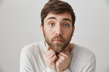 Studio shot of gloomy and miserable guy with beard, making angel innocent expression, holding hands above chin, trying to beg for forgiveness after making mistake, standing over gray background