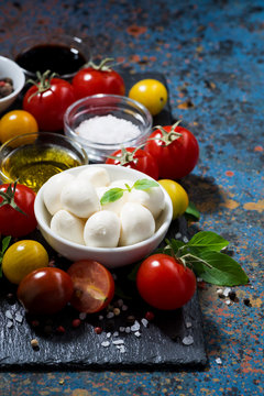 mozzarella, fresh vegetables and spices and dark background