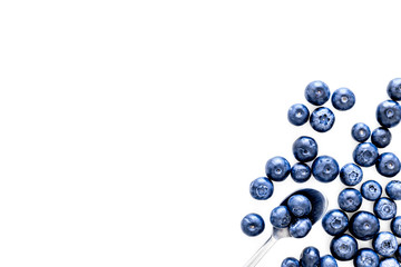 Blueberries background on white top view space for text