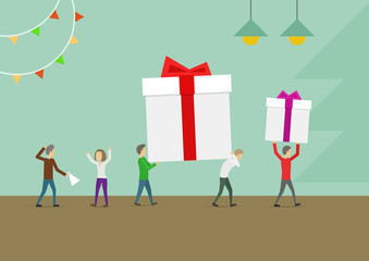 People carry gifts. Teamwork process. Concept of a small character. Holiday delivery. Vector flat illustration.