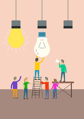 Teamwork creative concept. Two people holding one who changes the light bulb lamp. Vector flat illustration.