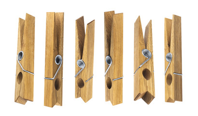 Wooden clothespins isolated on white background.