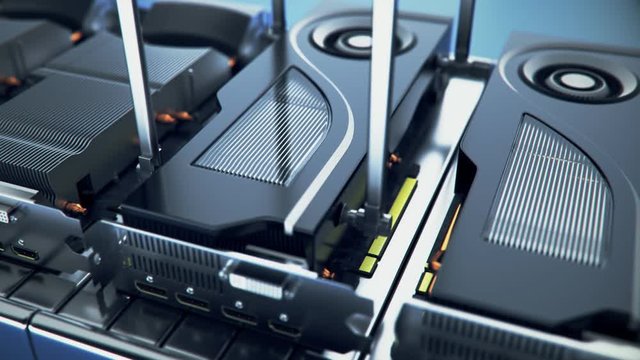 Graphics cards on an assembly line. Automated GPU manufacture in the factory. 4k