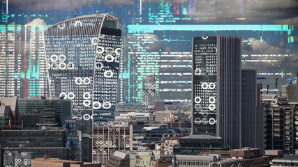 london skyline and data code