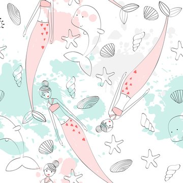 Vector seamless pattern with a mermaid and a dolphin