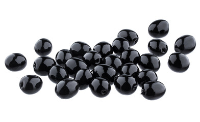 Heap of black olives isolated on white background with clipping path. Top view