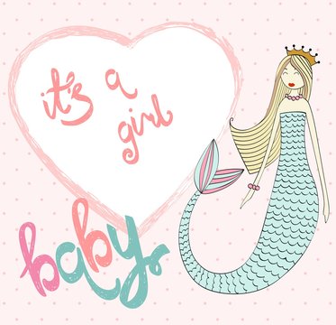 Vector beautiful baby shower card with mermaid.