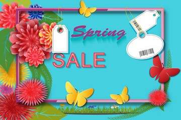 Spring time sale background with colorful flowers and leaves, butterflies and labels with an abstract barcode. Template for banners flyers invitation posters brochure, voucher discount.