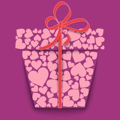 Silhouette of a Paper Gift Box made of pink hearts on purple background. Valentines day concept to give love.