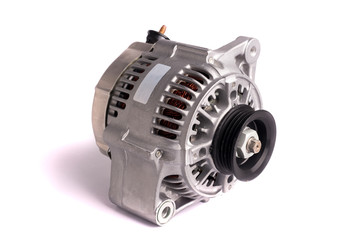 New car power generator, isolated on white background. Details of the engine of the car.