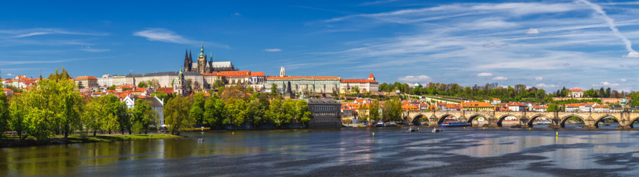 Prague panorama city skyline with Old Town, Prague Castle, Charles Bridge, St. Vitus Cathedral. Prague, Czech Republic