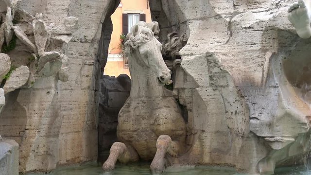 4K Rome, 16 May 2018, piazza Navona, fountain of the Four Rivers, realized by the architect G.L. Bernini in 1651.View and details.