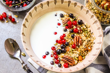 Bowl of homemade granola with yogurt and fresh berries on metallic background from top view
