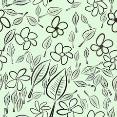 Seamless abstract leaves & flower illustrations background. Nature, cartoon, messy & wallpaper.