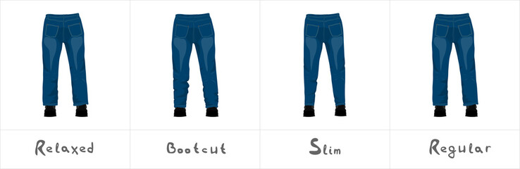 Different types of men's blue jeans back view isolated on white vector illustration