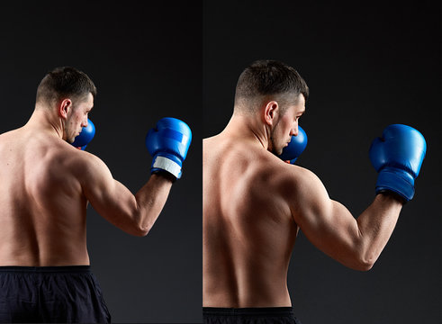 Handsome man boxer before and after retouch. Sport man back. Muscular man in boxing gloves in bixing rack on dark background.
