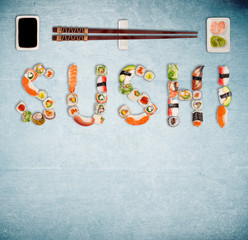 Traditional japanese sushi pieces making inscription.
