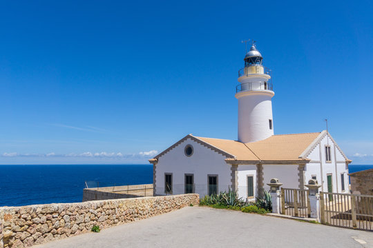 Mallorca, Ancient lighthouse of cape capdepera frontal view at daytime