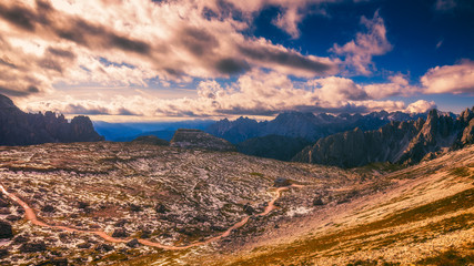 Beautiful mountain panorama in Dolomites mountains by Tre Cime di Lavaredo