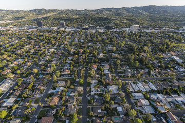 Afternoon aerial view of Sherman Oaks neighborhood in the San Fernando Valley area of Los Angeles...