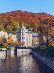 Fototapeta premium Architecture of Karlovy Vary (Karlsbad) in autumn, Czech Republic. It is the most visited spa town in the Czech Republic