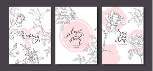 Wedding invitation cards with hand drawn roses.Floral poster, invite. Vector decorative greeting card,invitation design background