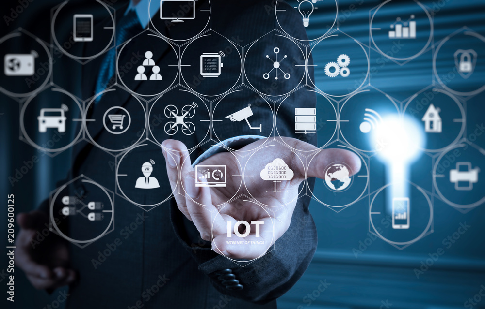Poster business man with an open hand as showing something