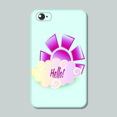 Protective case for mobile phone. Sun and clouds in sky, text - Hello! Vector illustration in pastel colors, cheerful style.