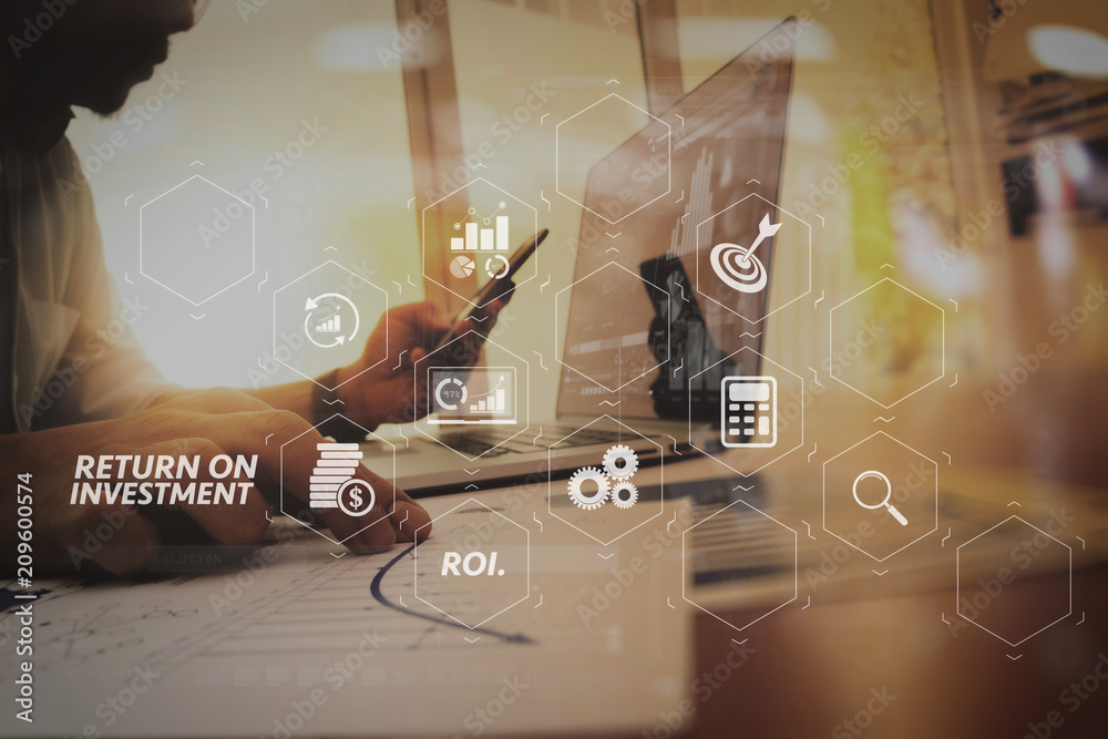 Poster business man hand working on laptop computer with digital layer business graph information diagram o