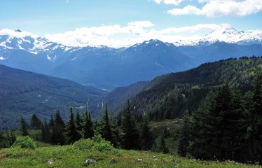 A panoramic view of Mount Baker and Mount Shuksan in the North Cascades
