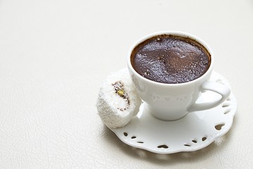 Turkish coffee with milk cream chocolate pistachio flavored white Turkish delight