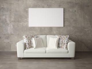 Mock up a modern living room with a compact comfortable sofa and a trendy hipster background.