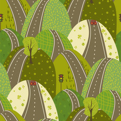Road Through The Green Hills vector seamles pattern urban background doodle texture