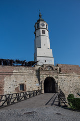 Fototapeta na wymiar Sahat kula, the clock tower and gate of the Belgrade Kalemegdan fortress or Beogradska Tvrdjava, Serbia