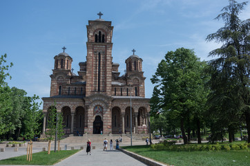 Fototapeta na wymiar St. Mark's Church or Church of St. Mark is a Serbian Orthodox church located in the Tasmajdan park in Belgrade, Serbia, near the Parliament of Serbia