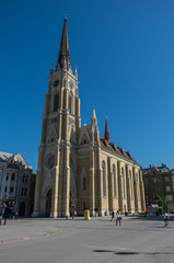 View of cathedral Katolicka Porta in Liberty Square (Trg Slobode) in Novi Sad, Serbia