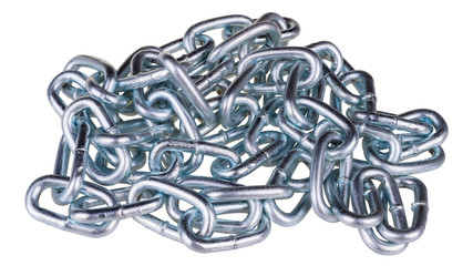 Tangle of glossy metal chains close-up. Pile of shiny silvery links connected in the solid steel...